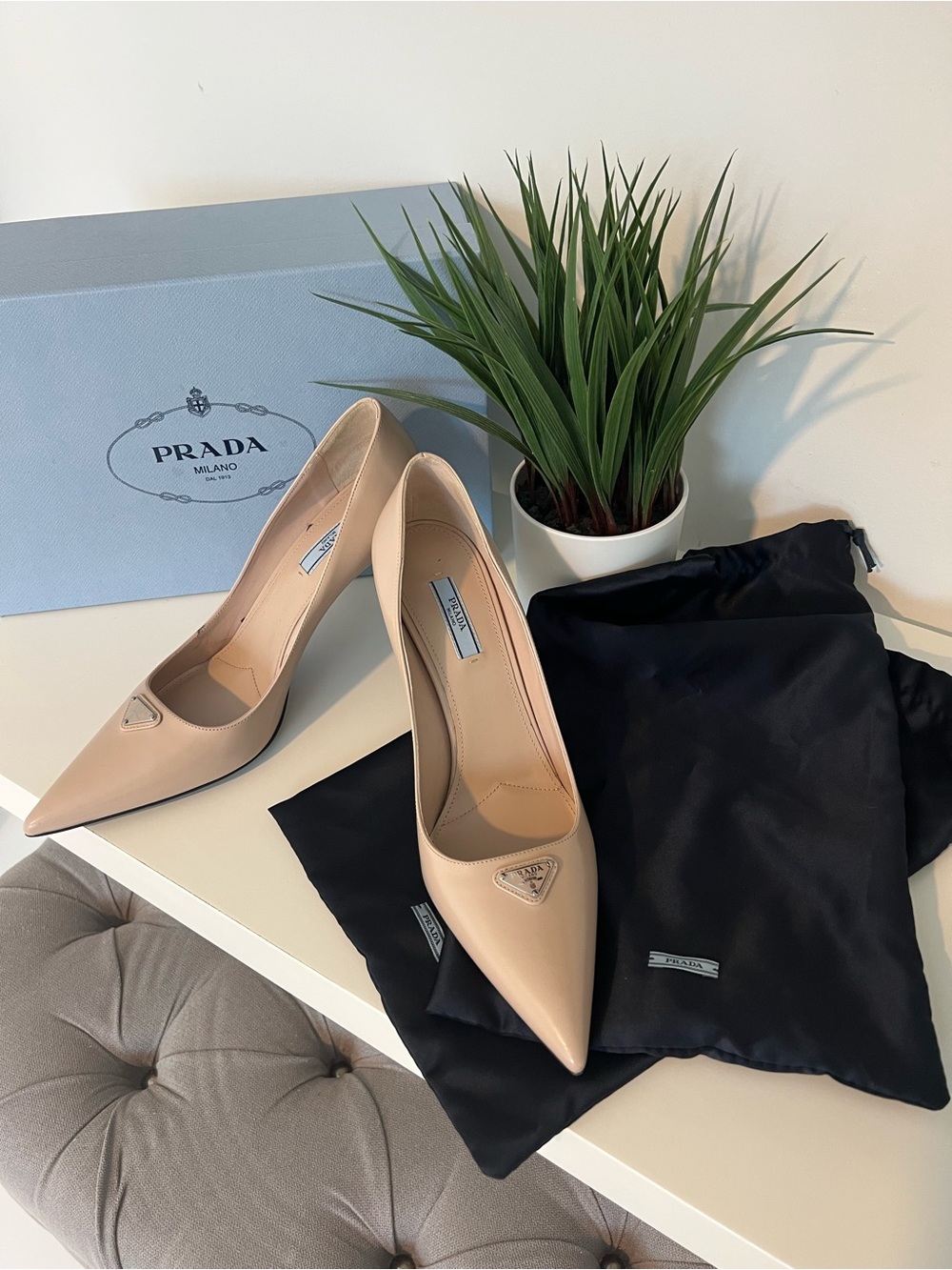 Prada Women's Nude Leather Pointed-Toe Pumps